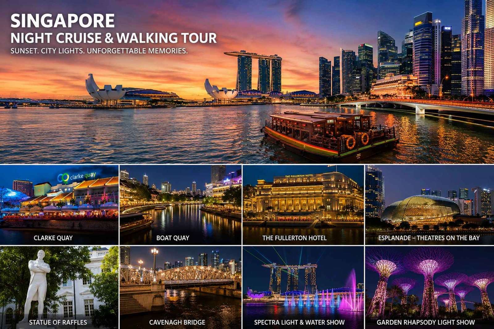 Croisière au coucher du soleil sur la ligne d'horizon de Singapour avec promenade nocturne guidée